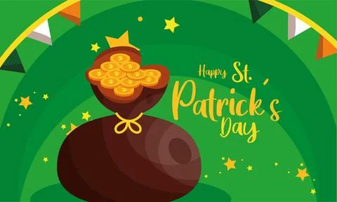 Happy saint patrick day poster with golden coin bag Vector Stock Illustration