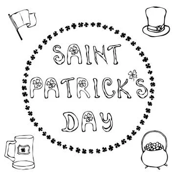 Happy Saint Patrick s Day. Hand drawn St. Patrick s Day lettering outline Illustrazione stock