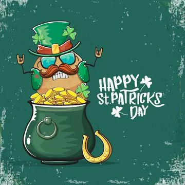 Happy Saint Patricks day greeting card with funky leprechaun potato character Illustrazione stock
