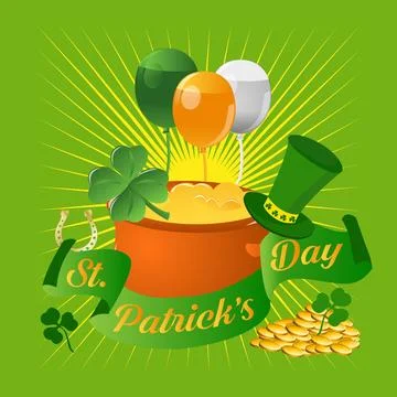 Happy Saint Patrick's Day greetings with hat, sunburst, pot of gold coins, .. Stock Illustration