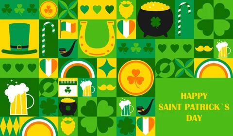 Happy Saint Patricks Day vector horizontal banner with Bauhaus geometric el.. Stock Illustration