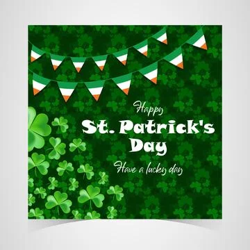 Happy Saint Patrick's Day Web Banner with Green Shamrock Leaf Pattern Background Illustrazione stock