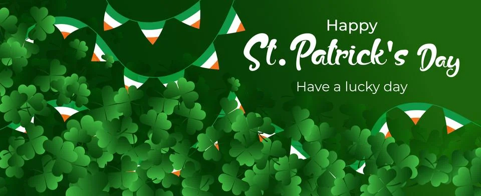 Happy Saint Patrick's Day Web Banner with Green Shamrock Leaf Pattern Background Illustrazione stock