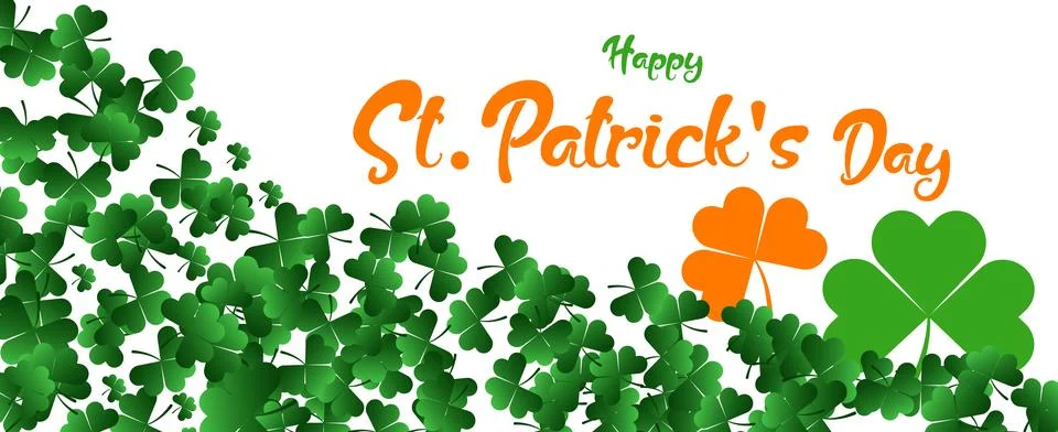 Happy Saint Patrick's Day Web Banner with Green Shamrock Leaf Pattern Background Illustrazione stock