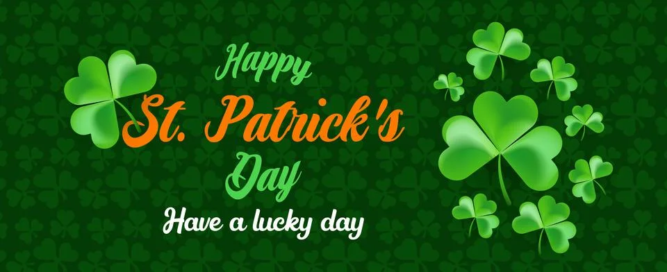 Happy Saint Patrick's Day Web Banner with Green Shamrock Leaf Pattern Background Illustrazione stock
