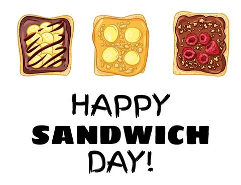 Happy sandwich day postcard. Toast bread sandwiches with peanut butter, fruit Illustrazione stock