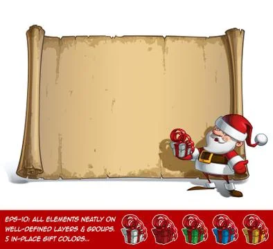Happy Santa Scroll - Holding a small Gift Stock Illustration