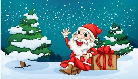 Happy Santa sitting in front of the pine tree 스톡 일러스트