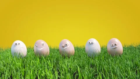 Happy but satisfied eggs are dancing on the grass. Funny Easter symbol. Stock Footage 175217620