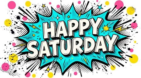 Happy Saturday Comic Speech Bubble Explosion with Confetti and Stars Ilustração Stock