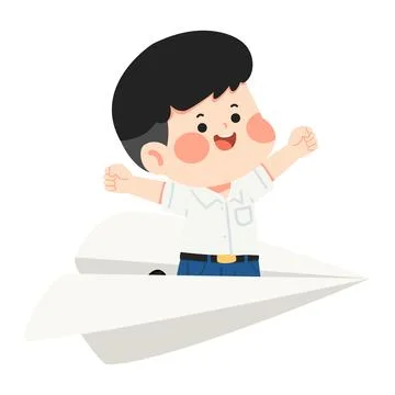 Happy school boy flying inside paper airplane Stock Illustration