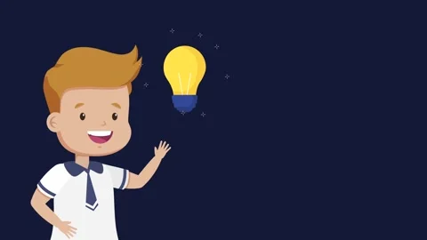 Happy school boy thinking with glowing light bulb animation appearing above.. Video stock 338428875
