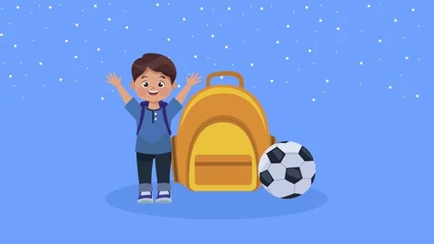 Happy school boy waving hands with backpack and soccer ball animation. Stock-Footage 338312245