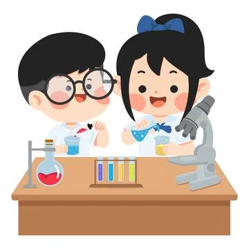 Happy school students conducting science experiments in laboratory Illustrazione stock