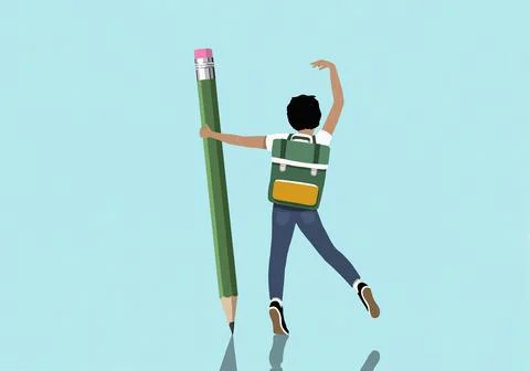 Happy schoolboy with backpack dancing with large pencil against blue background Stock-Illustration