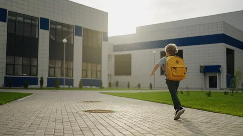 Happy Schoolboy With Backpack Running To School In Sunny Morning In Autumn, Back Video stock 249021537