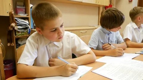 Happy Schoolboys smile on the lesson Stock Footage 93889496