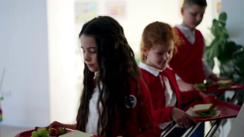 Happy schoolchildren standing in queue with trays and receiving lunch in school Stock Footage 197441557