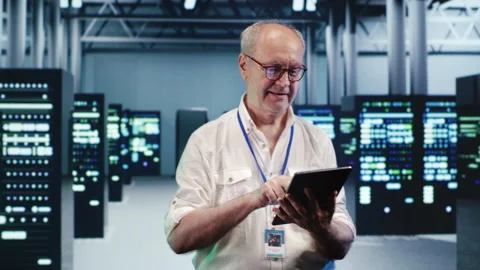Happy scientist optimizes data center Stock Footage 248649083