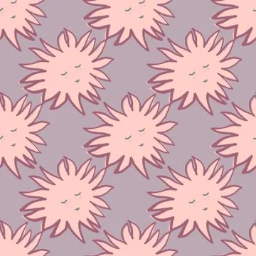 Happy seamless doodle pattern with pink sun faces ornament. Purple pastel bac Stock Illustration