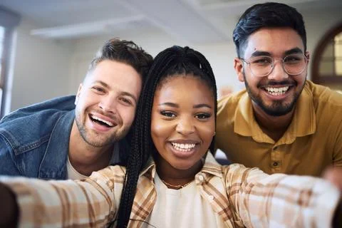Happy, selfie or students face with smile for education success team building Stock Photos