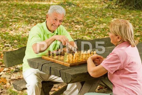 Happy senior couple playing chess Stock Photos