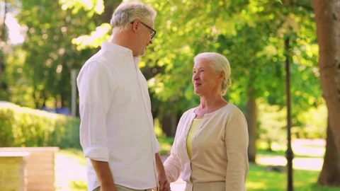 Happy senior couple walking at summer city park Stock Footage