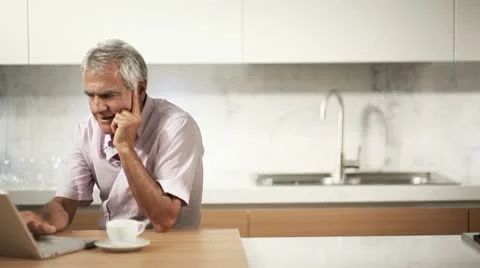 Happy senior man working on PC, Full HF Photo JPEG Stock Footage 10608121