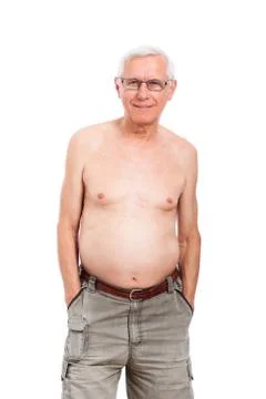 Happy shirtless senior man Stock Photos