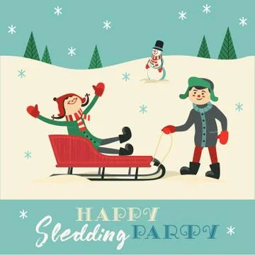 Happy sledding party invitation vector template Stock Illustration