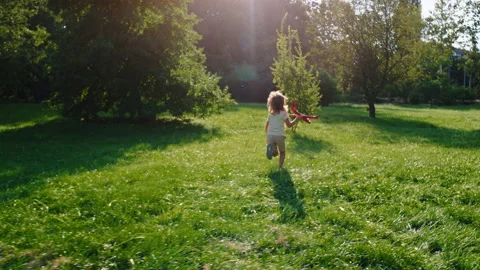 Happy small boy in the park running through the grass with a big red airplane he Stock Footage 171281604