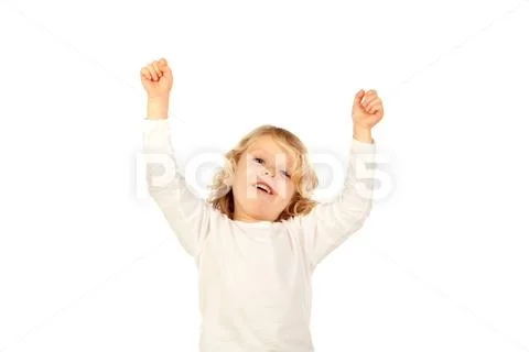 Happy small kid raising his arms Stock Photos
