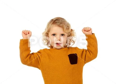 Happy small kid raising his arms Stock Photos