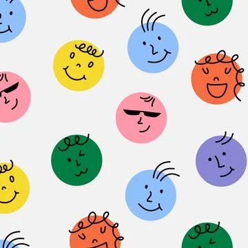 Happy smile face seamless pattern. Cute funky background with circle hand drawn Stock Illustration