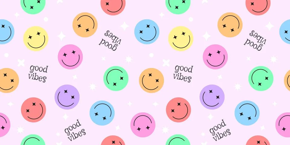 Happy smile faces seamless pattern in trendy funky y2k style. Colorful circle Stock Illustration