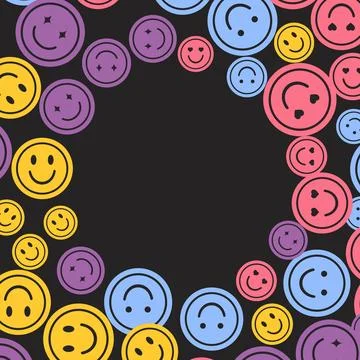 Happy smile faces seamless pattern in trendy funky y2k style. Colorful circle Stock Illustration