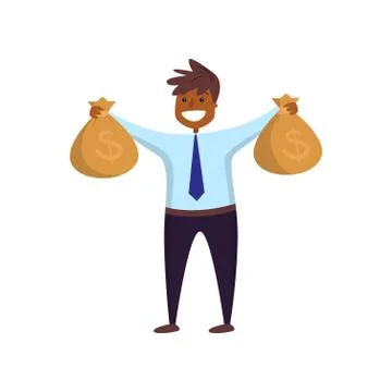 Happy smiling afro-american employee holding two bags of money turned to viewer Stock Illustration