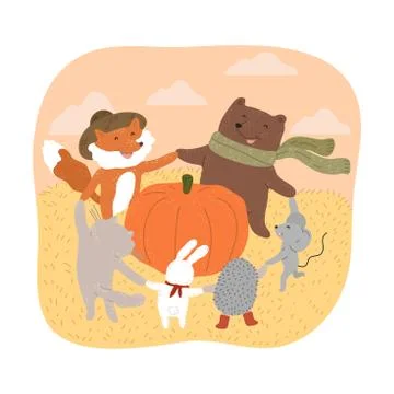Happy smiling animals dancing around big ripe pumpkin during harvesting Stock Illustration
