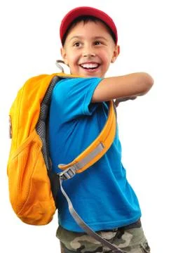 Happy smiling boy with backpack isolated over white Stock Photos