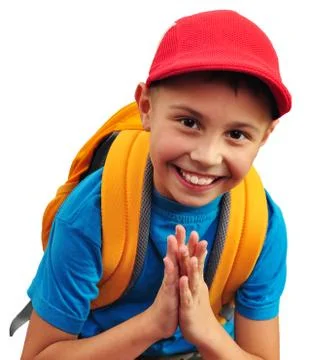 Happy smiling boy with backpack isolated over white Stock Photos