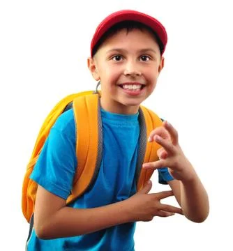 Happy smiling boy with backpack isolated over white Stock Photos