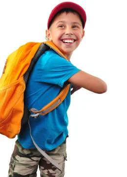 Happy smiling boy with backpack isolated over white Stock Photos
