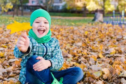 Happy smiling boy with maple leaf outdoors Stock Photos