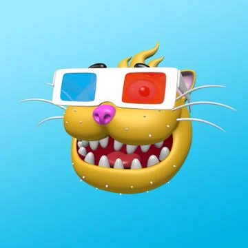 Happy smiling cat head in 3d glasses. 3D illustration. Funny cute character. Stock Illustration