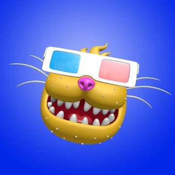Happy smiling cat head in 3d glasses. 3D illustration. Stock Illustration