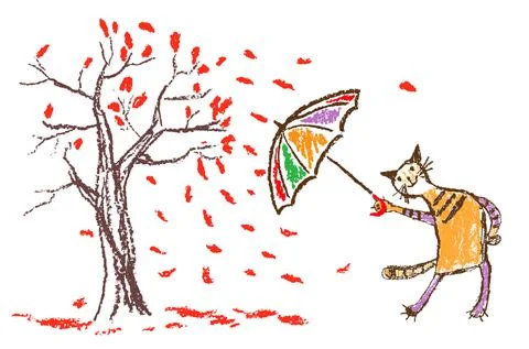 Happy smiling crazy cat with multicolor umbrella and autumn tree Stock Illustration