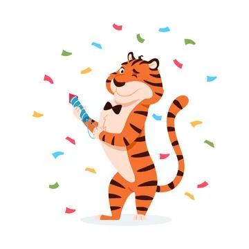 Happy smiling cute tiger with firework cracker. Stock Illustration