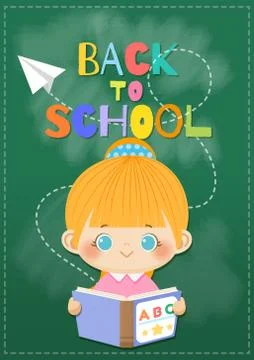 Happy smiling girl with book and flying paper plane on blackboard background. Stock Illustration