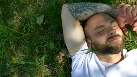 Happy smiling guy lying on green grass with arms outstretched slow motion Stock-Footage 96335140