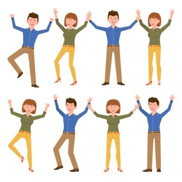 Happy, smiling, jumping young blue shirt man and yellow pants woman vector il Stock Illustration